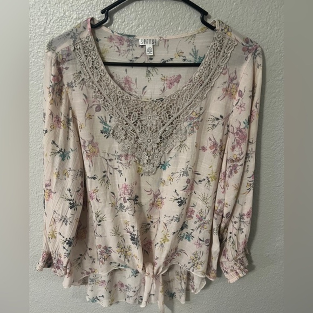 Spense Floral Crochet Trim Blouse - Cream and Pink Large